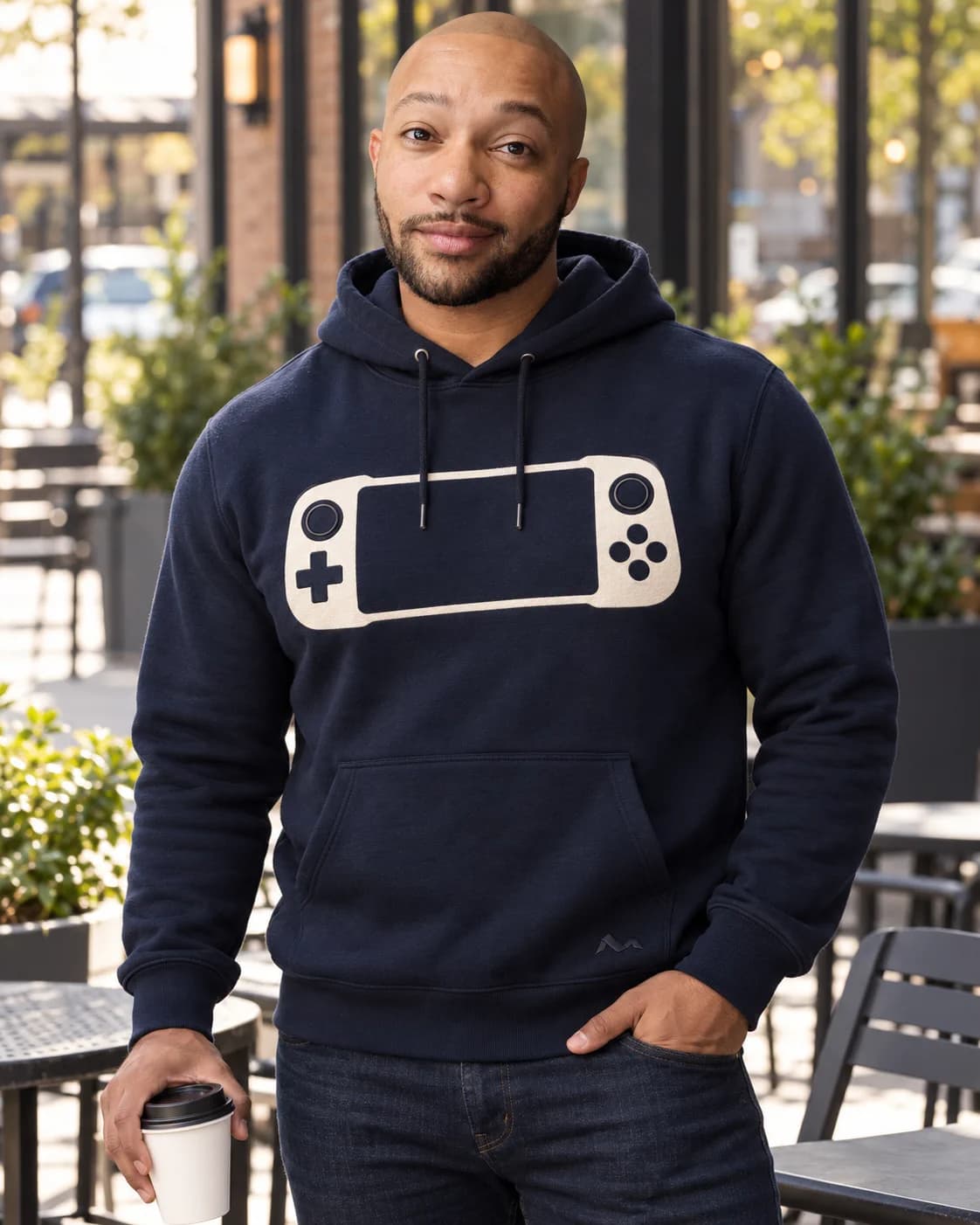 Handheld Monolith concept mockup in Midnight hoodie concept