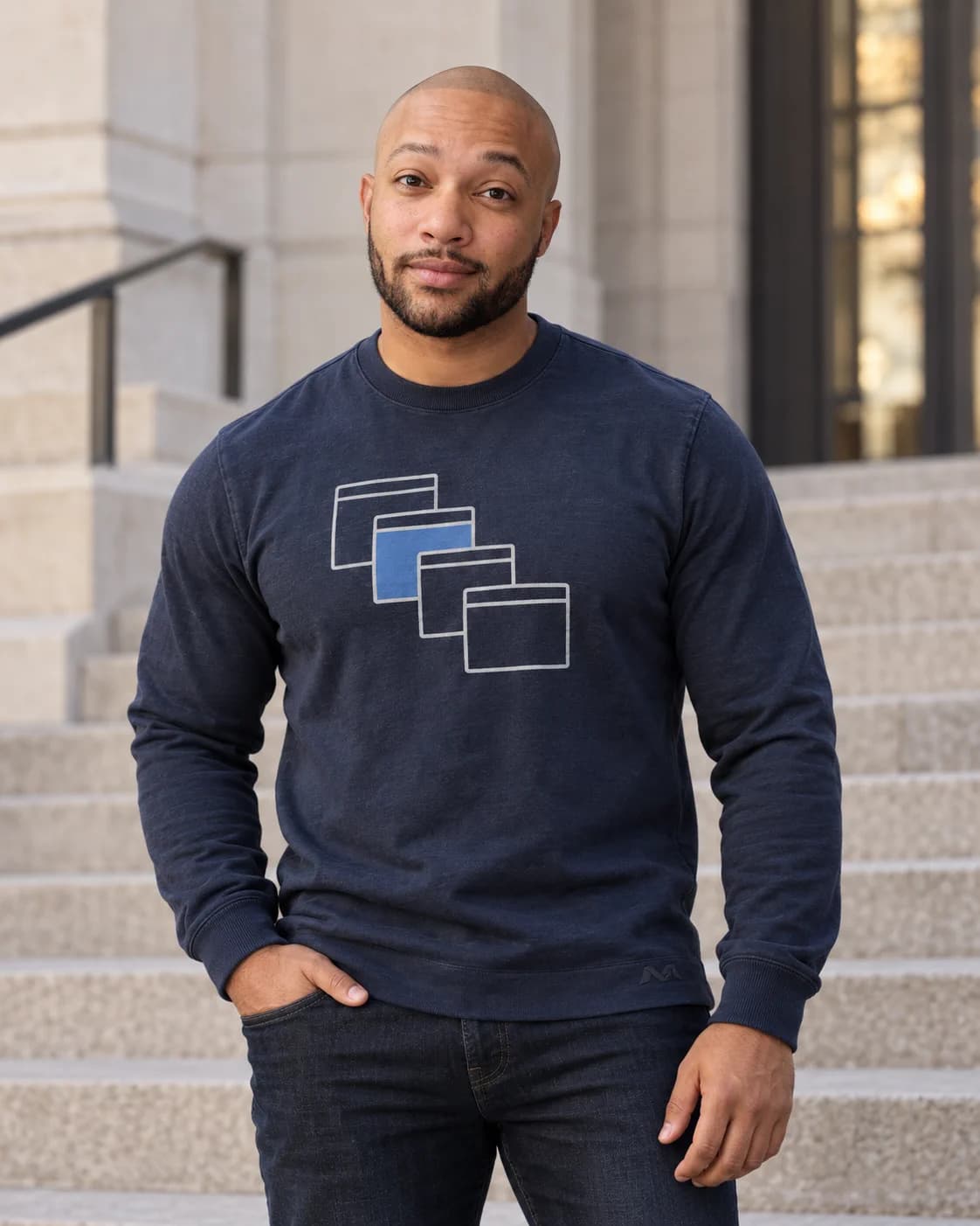 Window Cascade concept mockup in Indigo crewneck sweatshirt concept