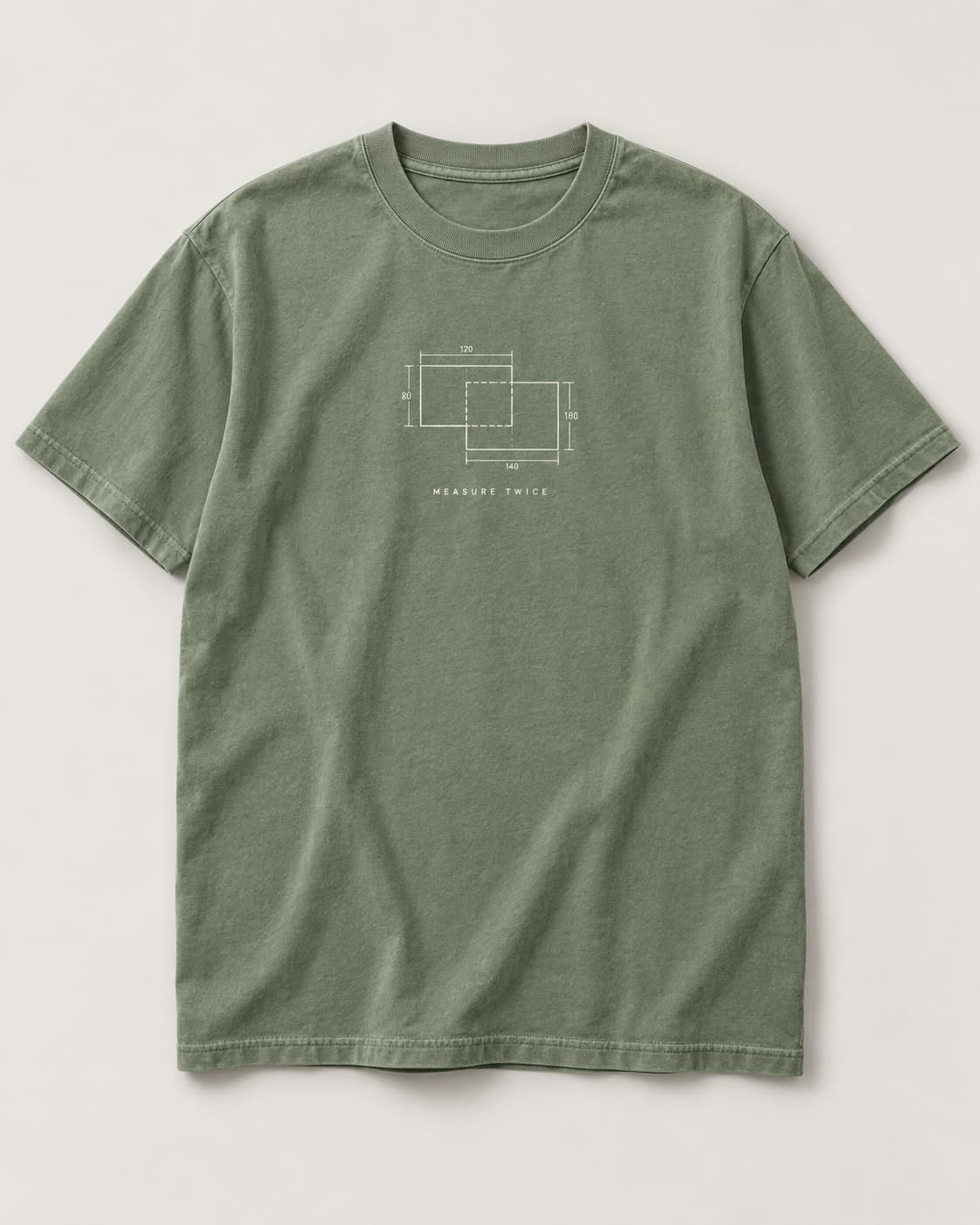 Measure Twice concept mockup in Moss tee concept